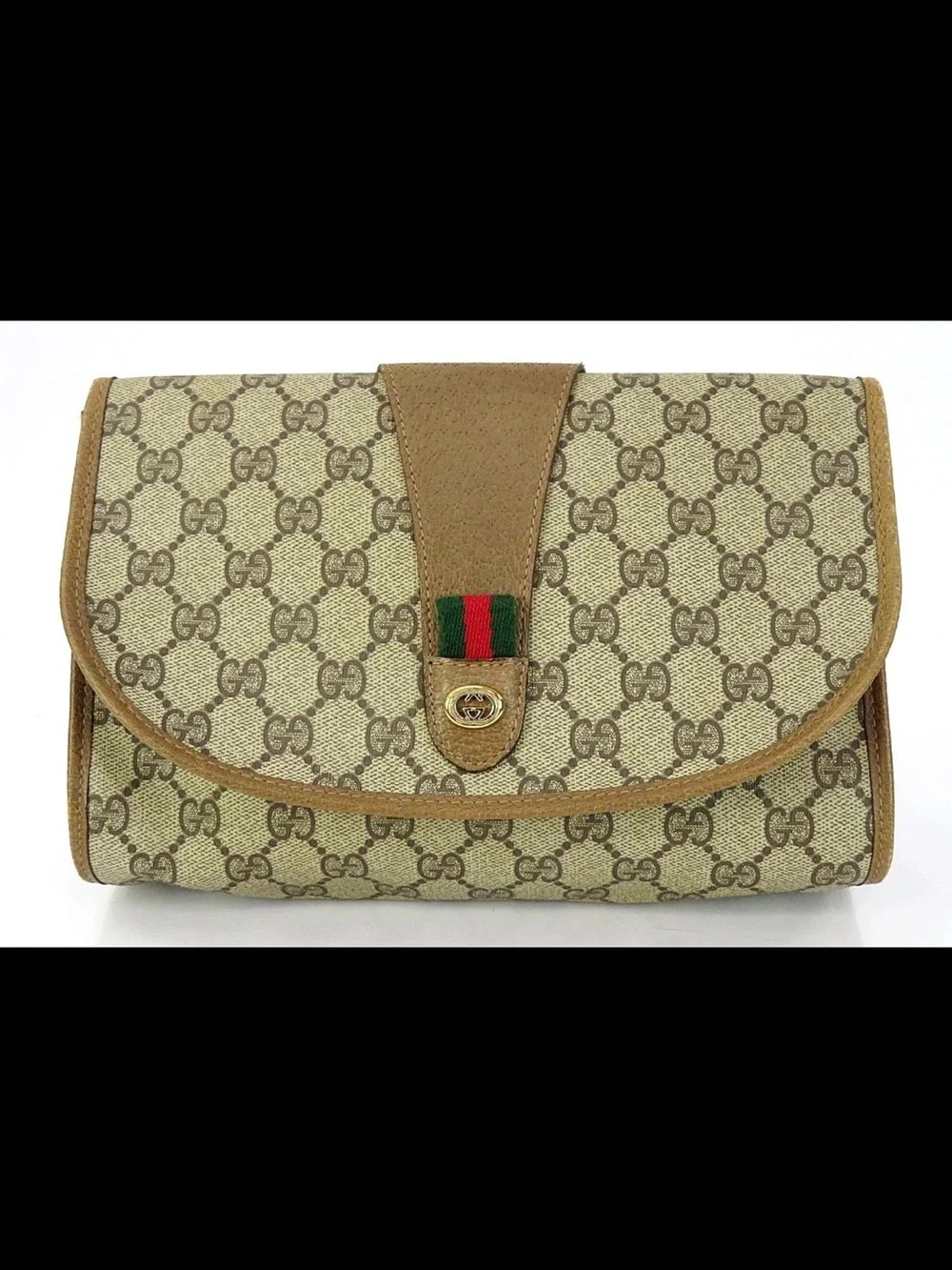 Gucci Beige GG Canvas Clutch with Green-Red Web Accent